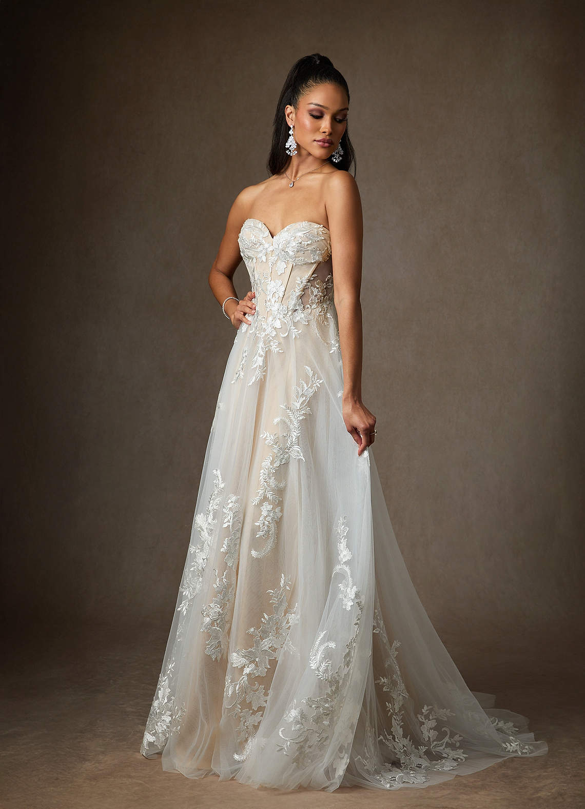 Azazie Aurorie Diamond White Nude A-Line Sequins Tulle Dress | Azazie