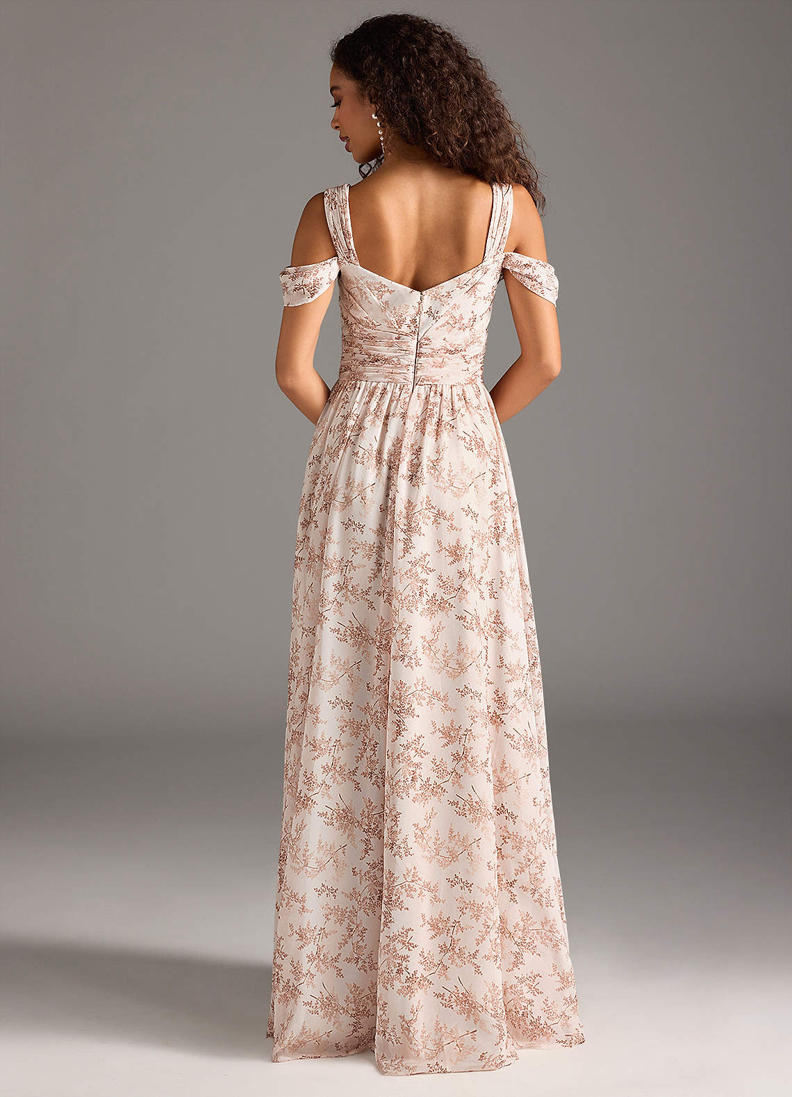 Azazie Lianne Bridesmaid Dresses Pink Fern Floral A-Line Off the Shoulder Chiffon Dress image2