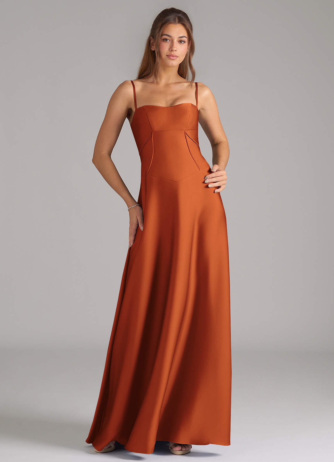 Azazie Valentine Bridesmaid Dresses Cinnamon A-Line Corset Stretch Satin Dress image1