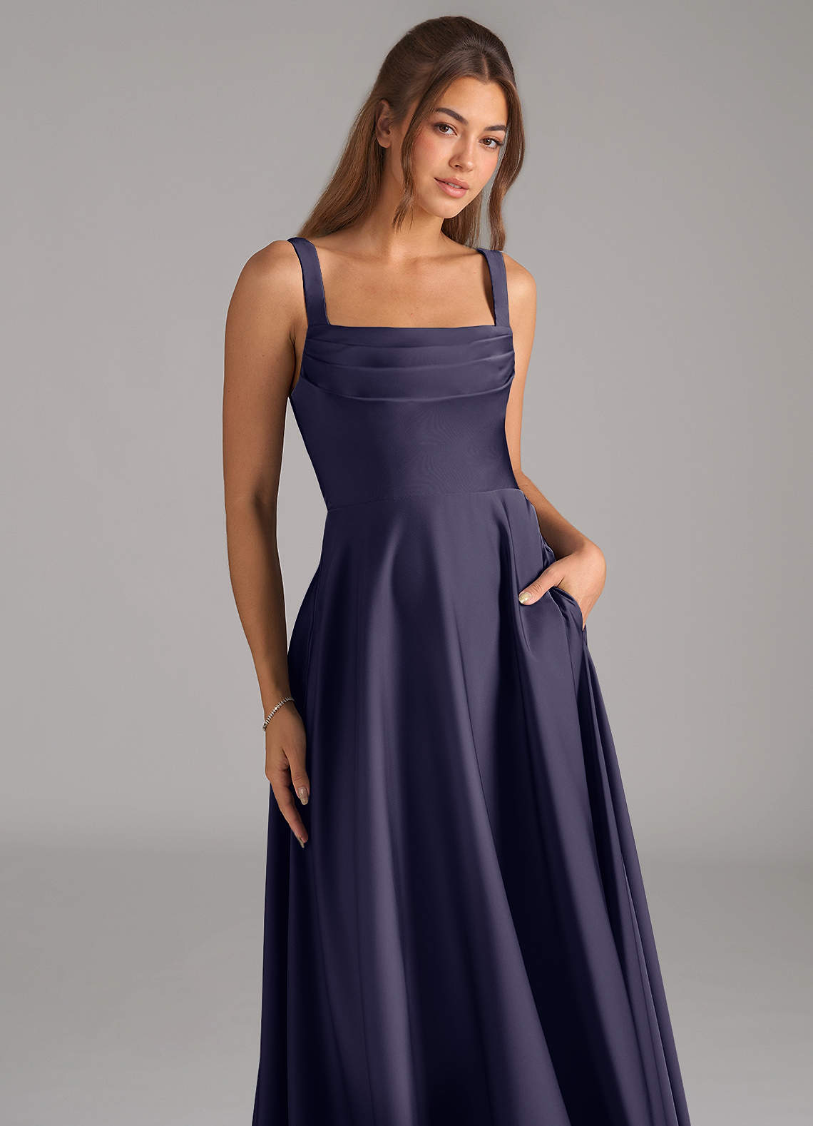 Azazie Shaude Bridesmaid Dresses Stormy A-Line Pleated Stretch Satin Dress image1