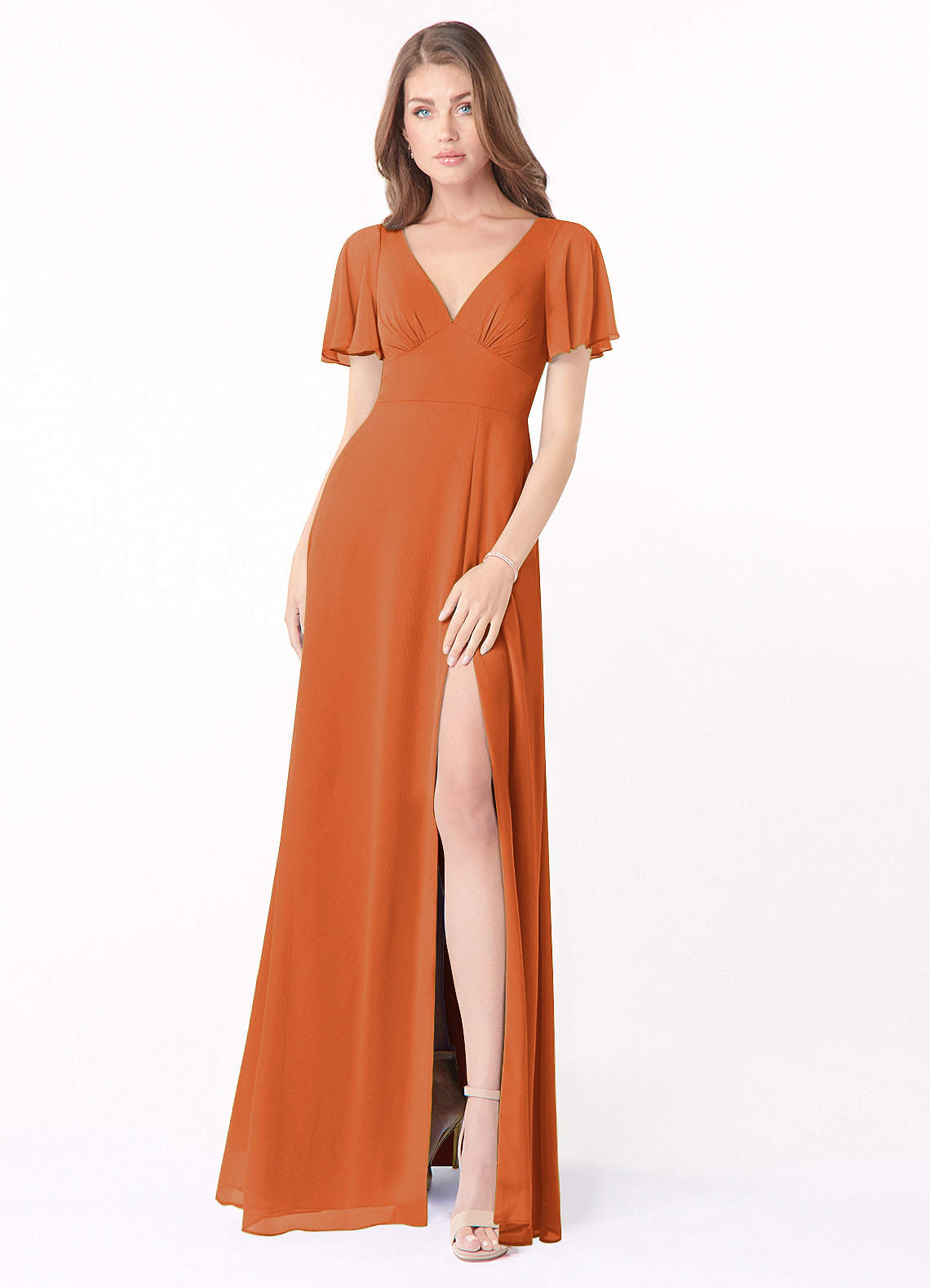 Azazie Kimber Bridesmaid Dresses Cinnamon A-Line Flounce Sleeve Chiffon Dress image1