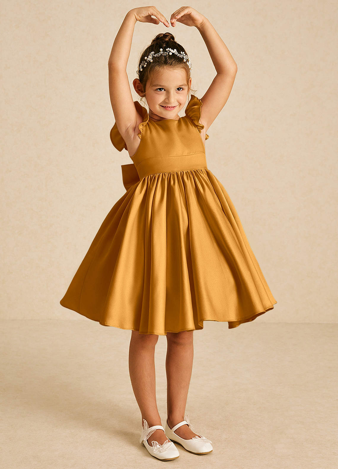 Azazie Tootsie Flower Girl Dresses Butterscotch A-Line Bow Matte Satin Dress image1