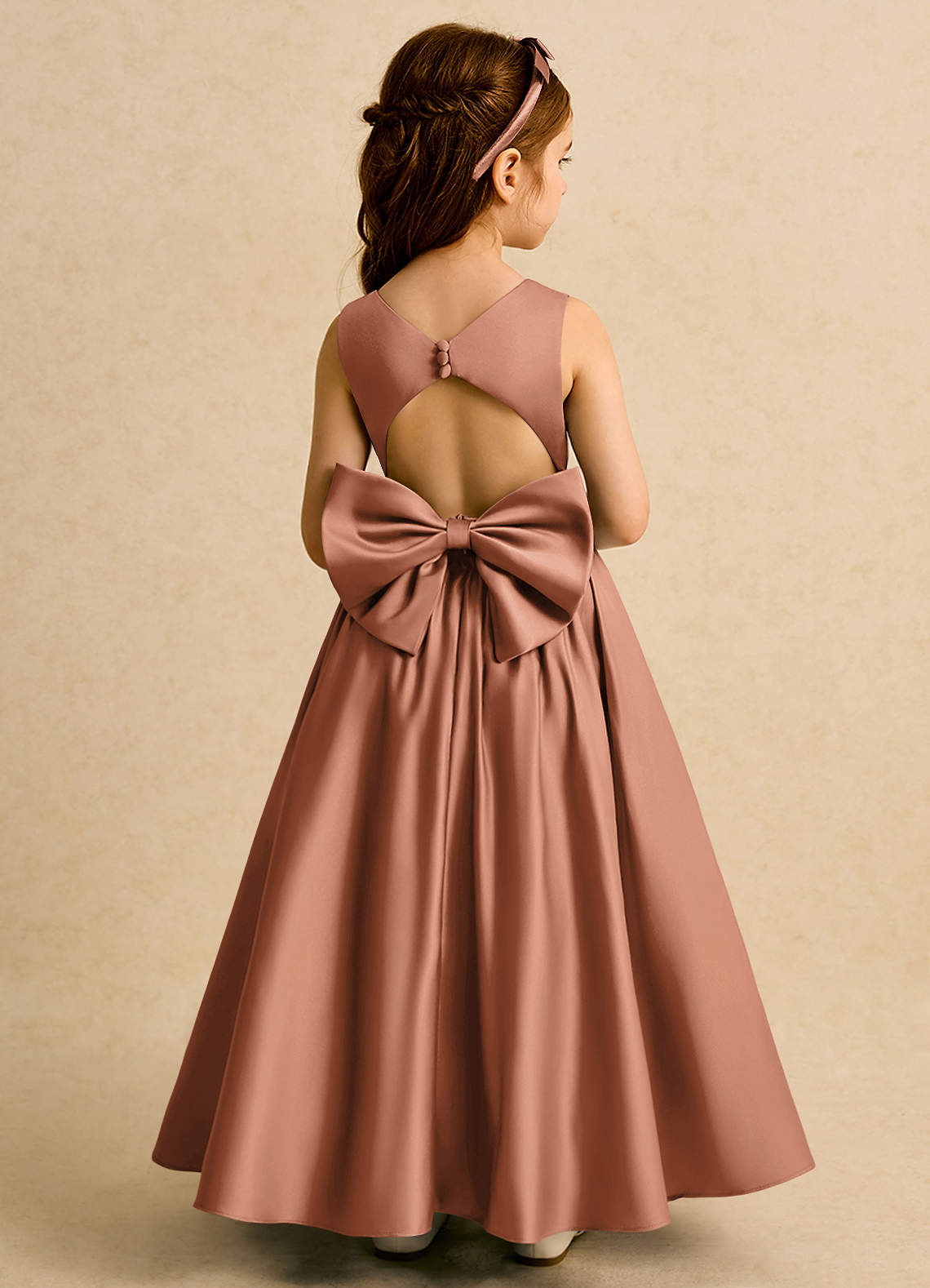 Azazie Nellia Flower Girl Dresses Bronzer A-Line Bow Matte Satin Dress image1