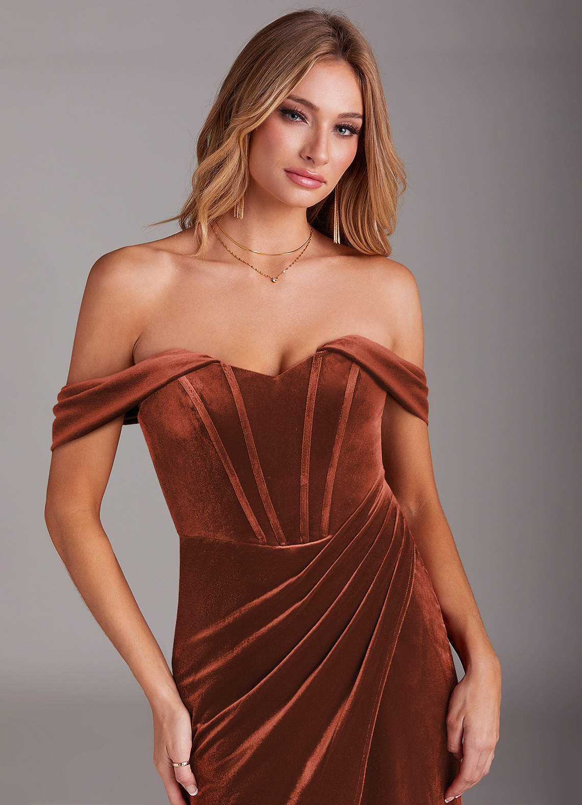 terracotta velvet bridesmaid dresses Azazie Kimber