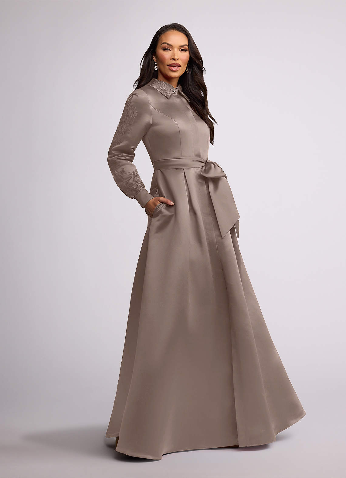 Evening Gown Long Sleeve Taupe Dress Taupe Mac Duggal 20399 Short