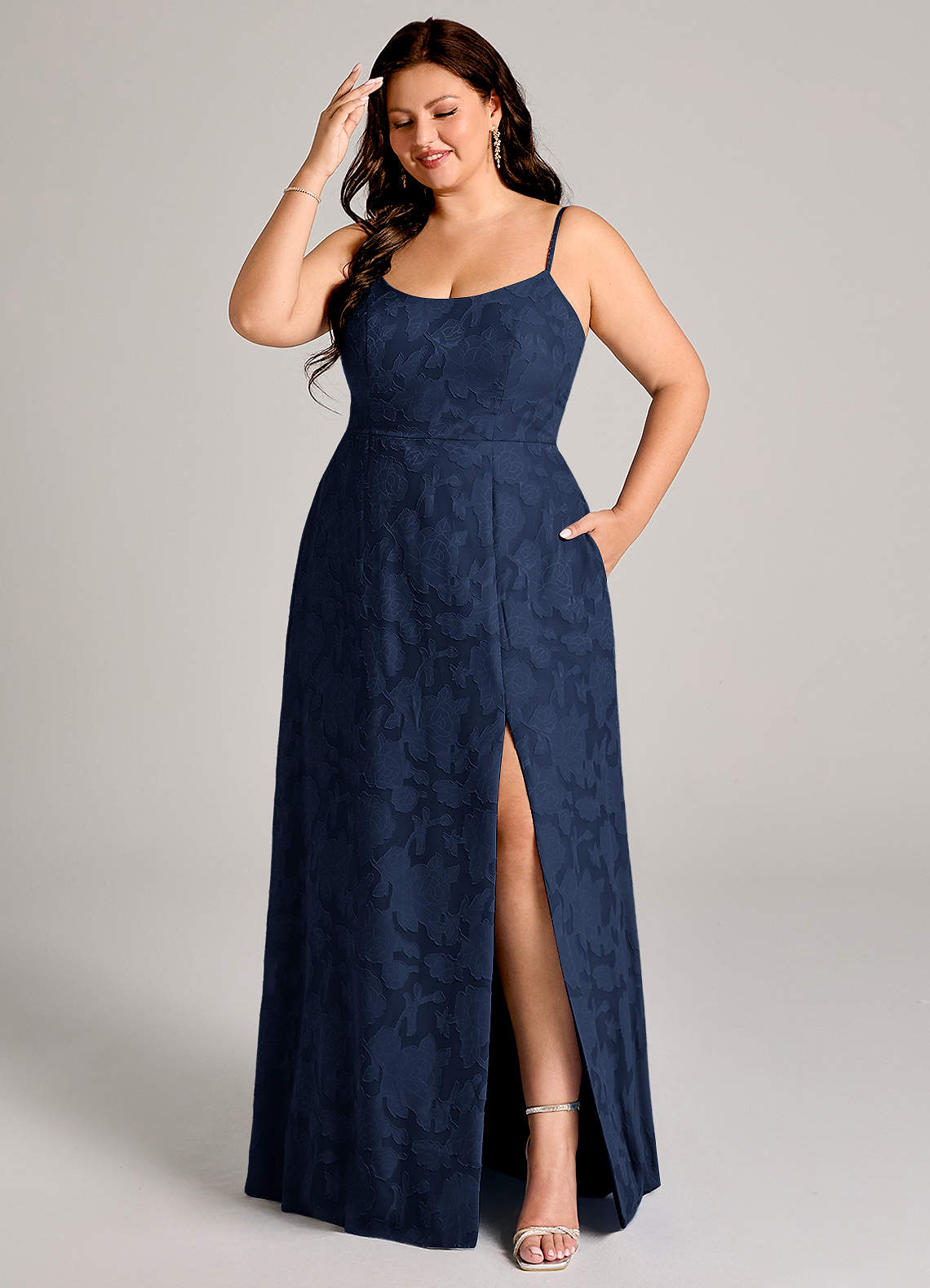 Azazie Moira Bridesmaid Dresses Dark Navy A-Line Side Slit Floral Burnout Dress image1