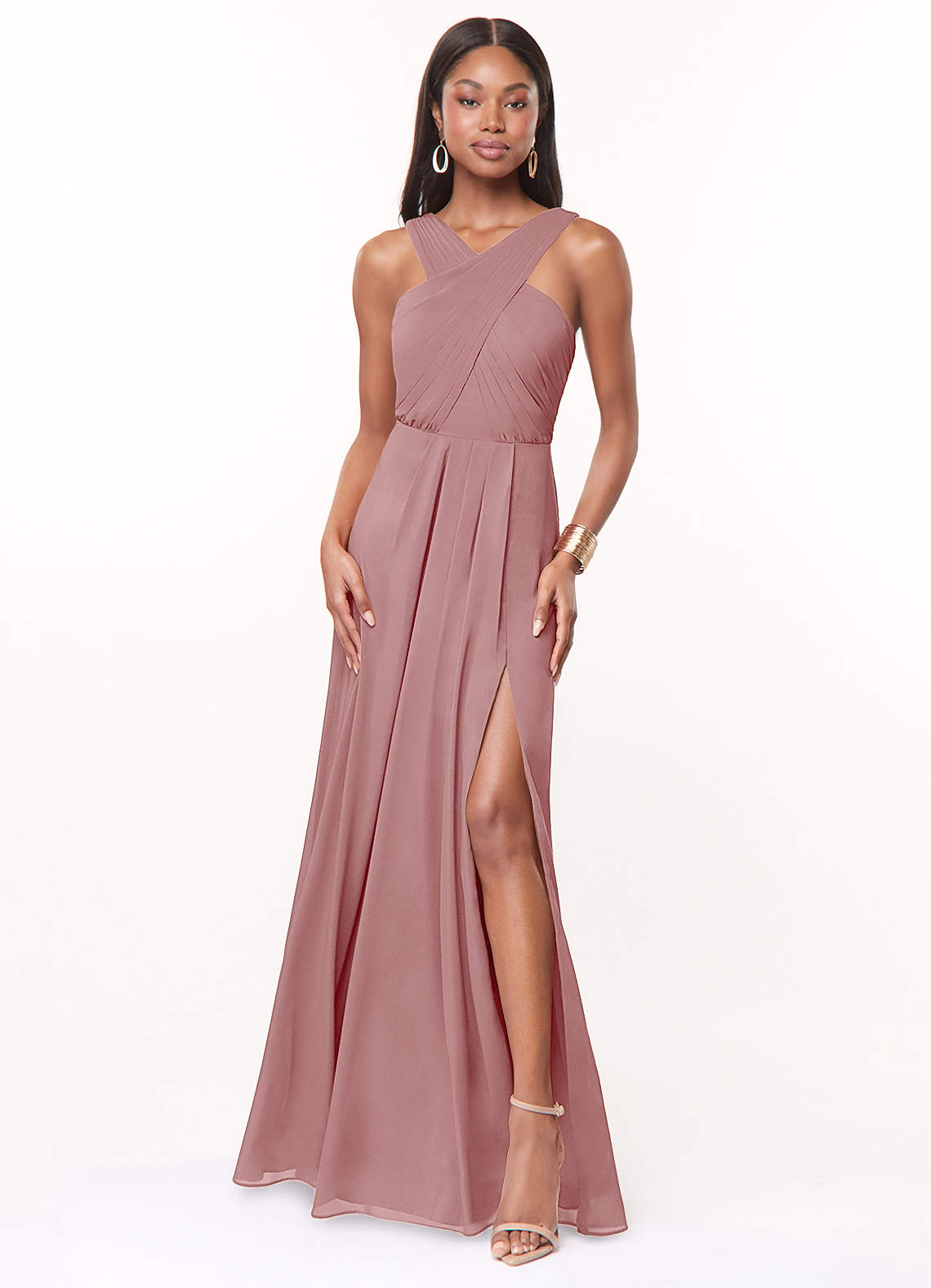 Azazie Brandie Robes de demoiselle d'honneur Robe Trapèze en Mousseline extensible Plissée Rose Poussiéreuse image1