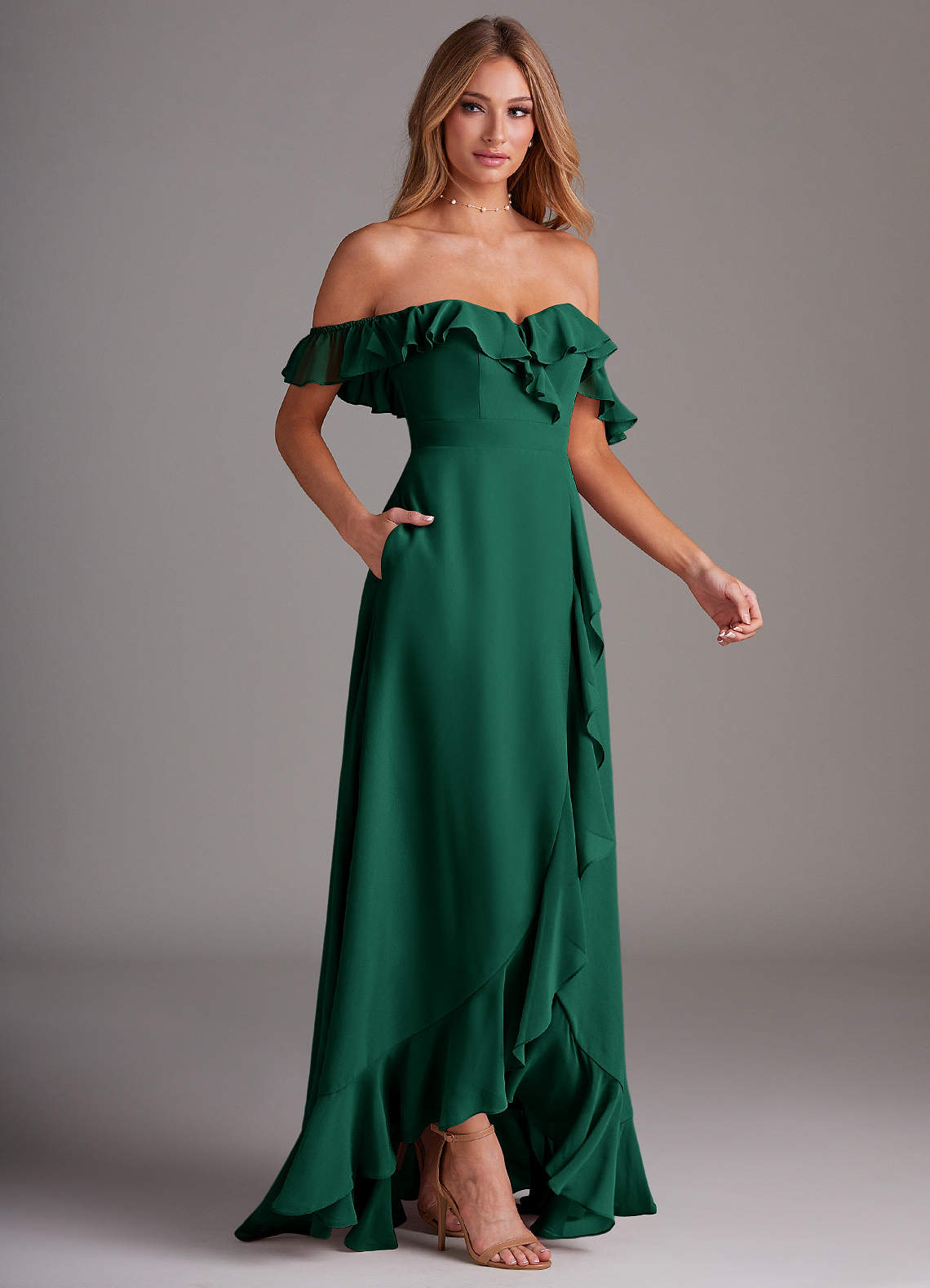 Azazie Lyra Bridesmaid Dresses Emerald A-Line Chiffon Convertible Dress image5