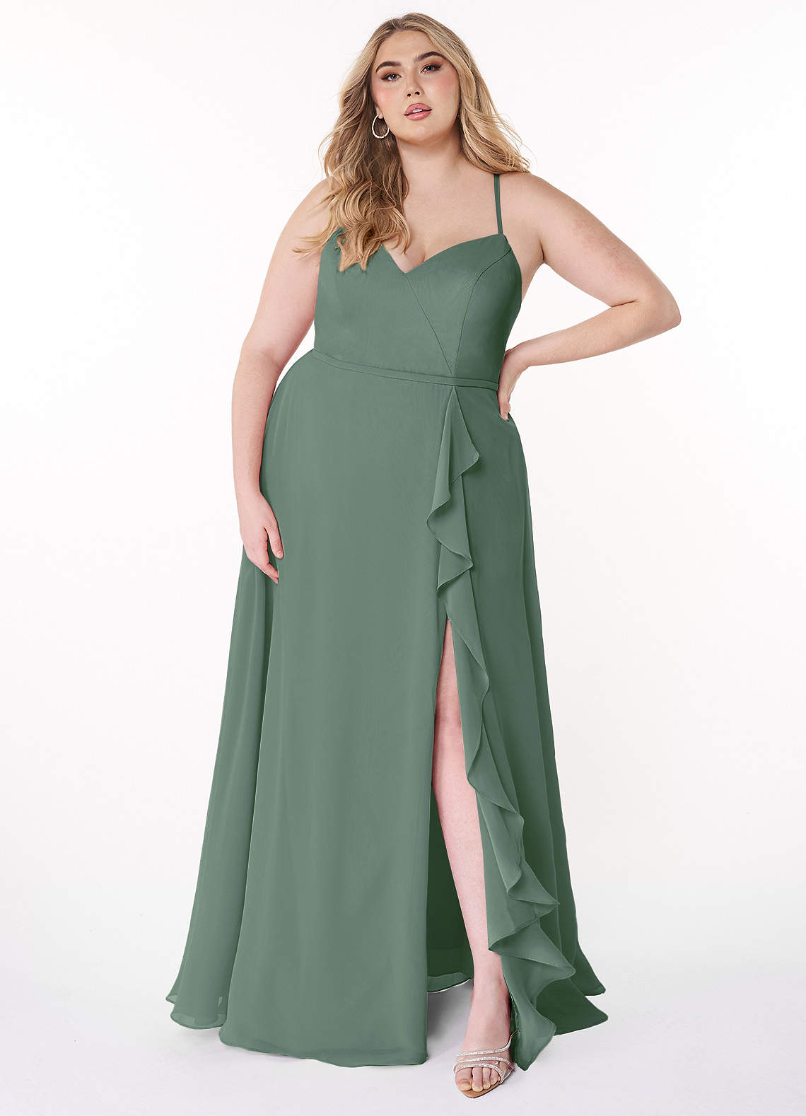 Azazie Naeem Bridesmaid Dresses Eucalyptus A-Line V-Neck Ruffle Chiffon Dress image6