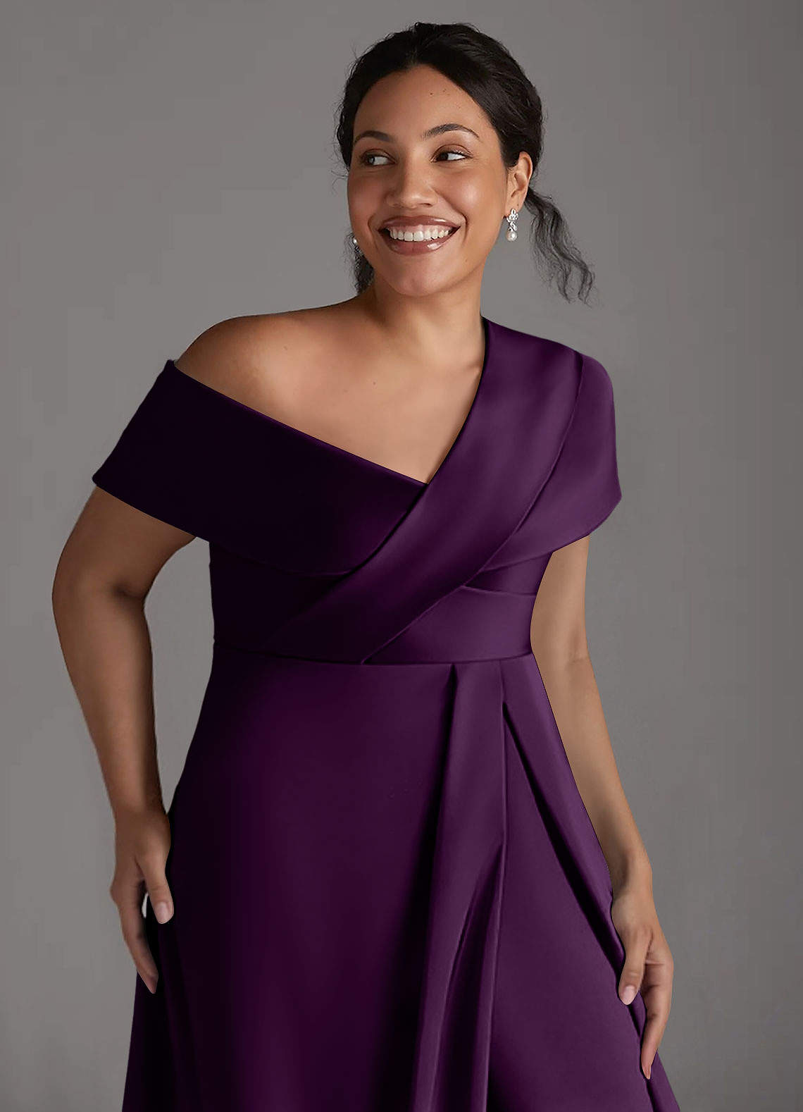 Azazie Milton Mother of the Bride Dresses Grape A-Line Pleated Stretch Satin Dress image12