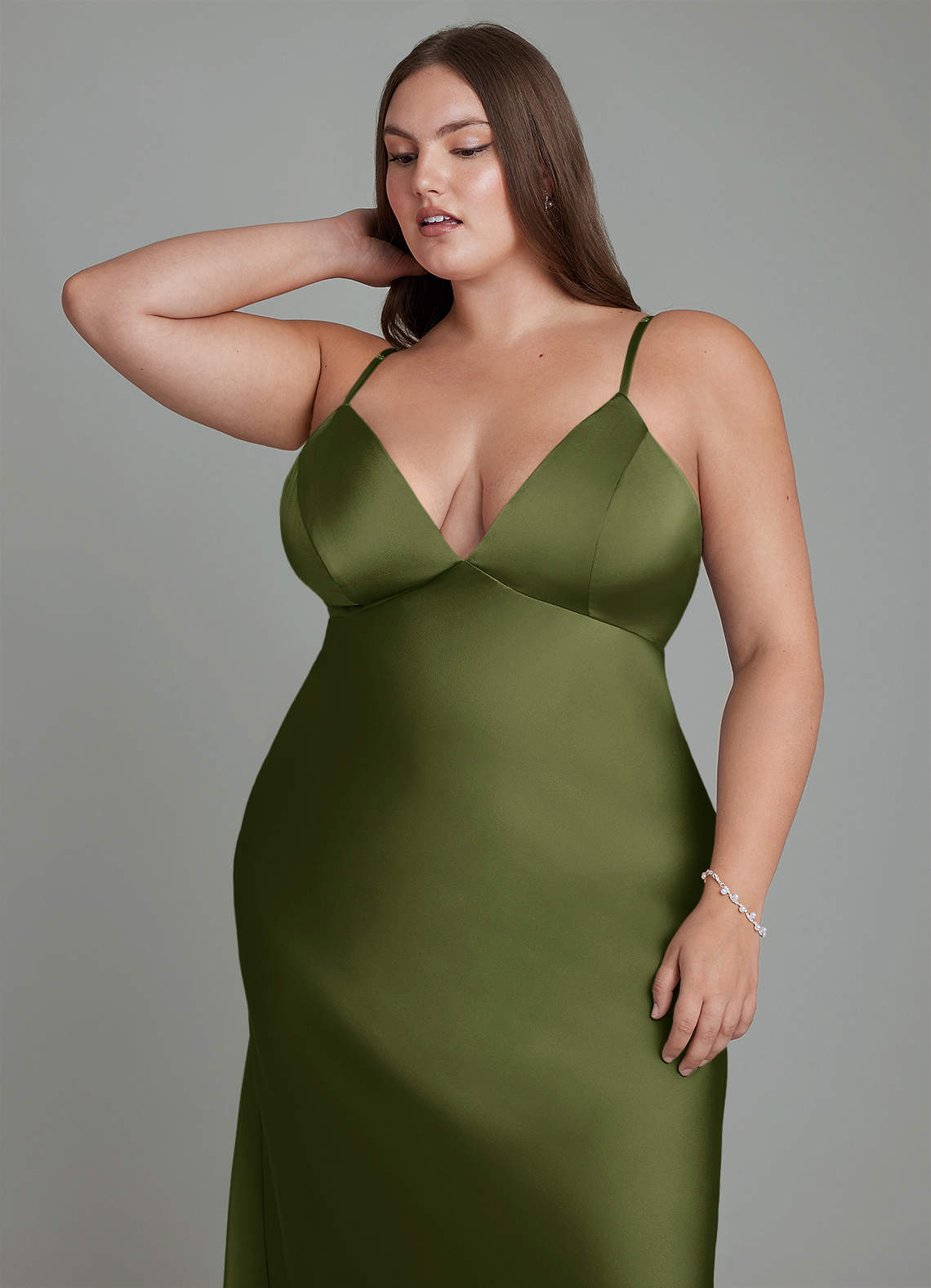 Azazie Stefania Bridesmaid Dresses Olive A-Line Stretch Satin Dress image12