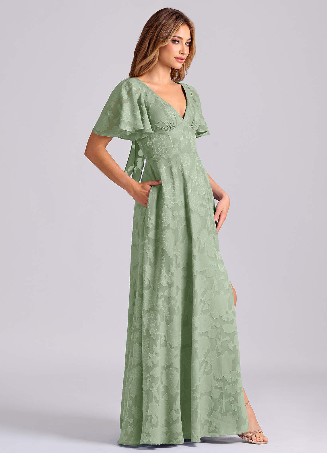 Azazie Kimber Bridesmaid Dresses Dusty Sage A-Line with Pockets Floral Burnout Dress image2