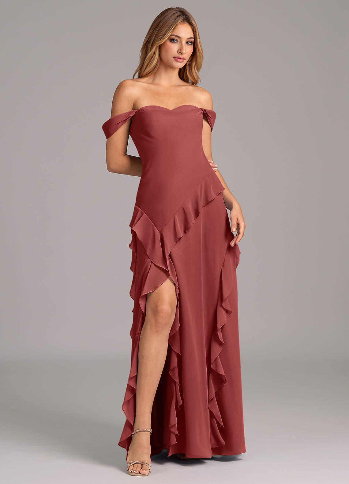 Azazie Sloane At-home Try On Dresses Terracotta A-Line Sweetheart Neckline Chiffon Dress image3