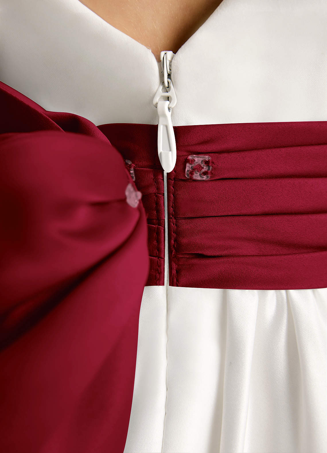 Azazie Sosie Flower Girl Dresses Ivory Burgundy A-Line Pleated Matte Satin Dress image5