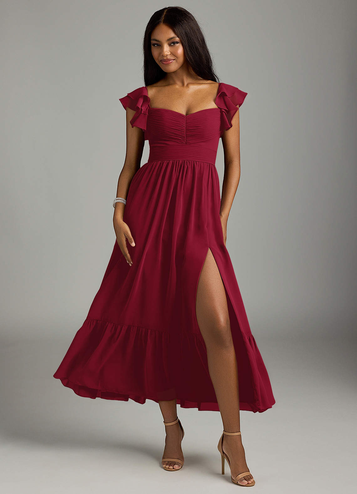 Azazie Anaya Brautjungfernkleider A-Linie Plissee Chiffon Kleid Burgunderrot image1