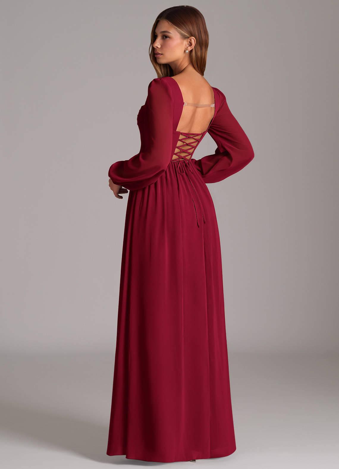 burgundy chiffon bridesmaid dress Azazie A-Line Square Neck Long Sleeve Floor-Length Dresses cheap burgundy bridesmaid dresses