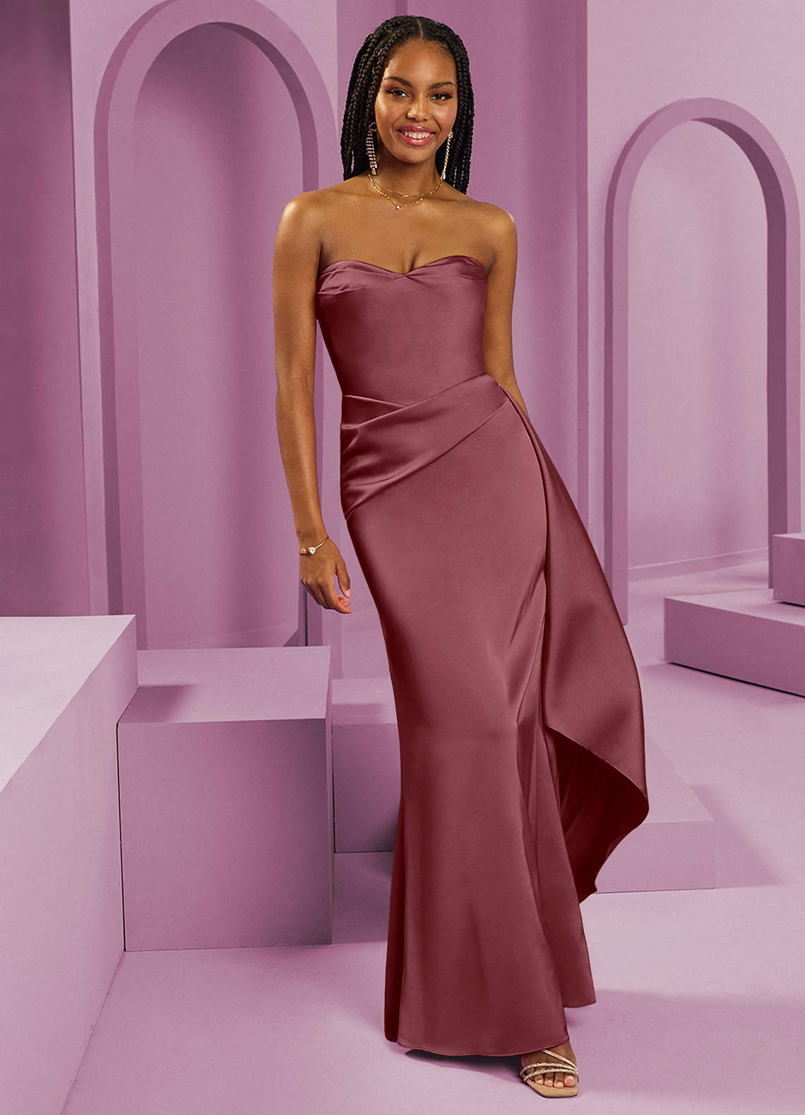 Barbie ♥ Azazie Robes de demoiselle d'honneur Robe Fourreau Convertible en Satin extensible Sans bretelle Rose Du Désert image1