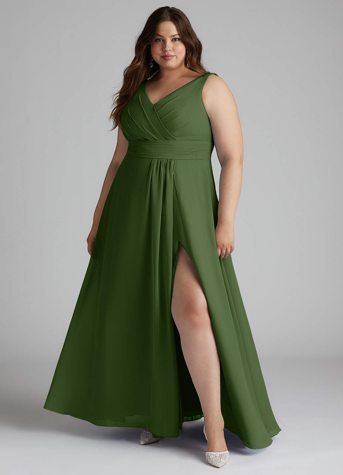 Azazie Karina Bridesmaid Dresses Olive A-Line Pleated Chiffon Dress image1