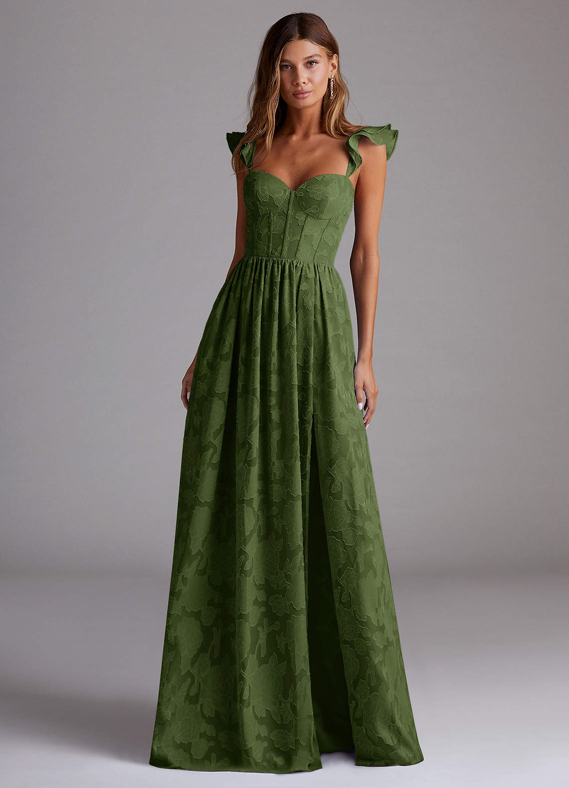 olive green lace dress Corset Evening Gown with Long Sleeves Olive Green / Tea Length / US14 length dress offers a lasting impression of elegance Lace & Beads corset tulle