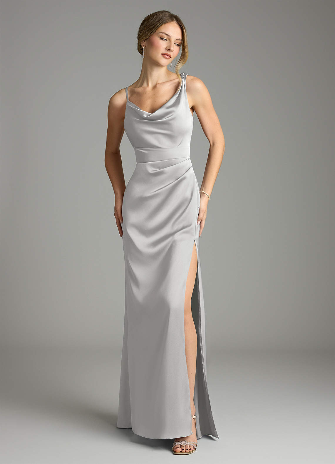 Azazie Samara Silver Stretch Satin Bridesmaid Dresses | Azazie