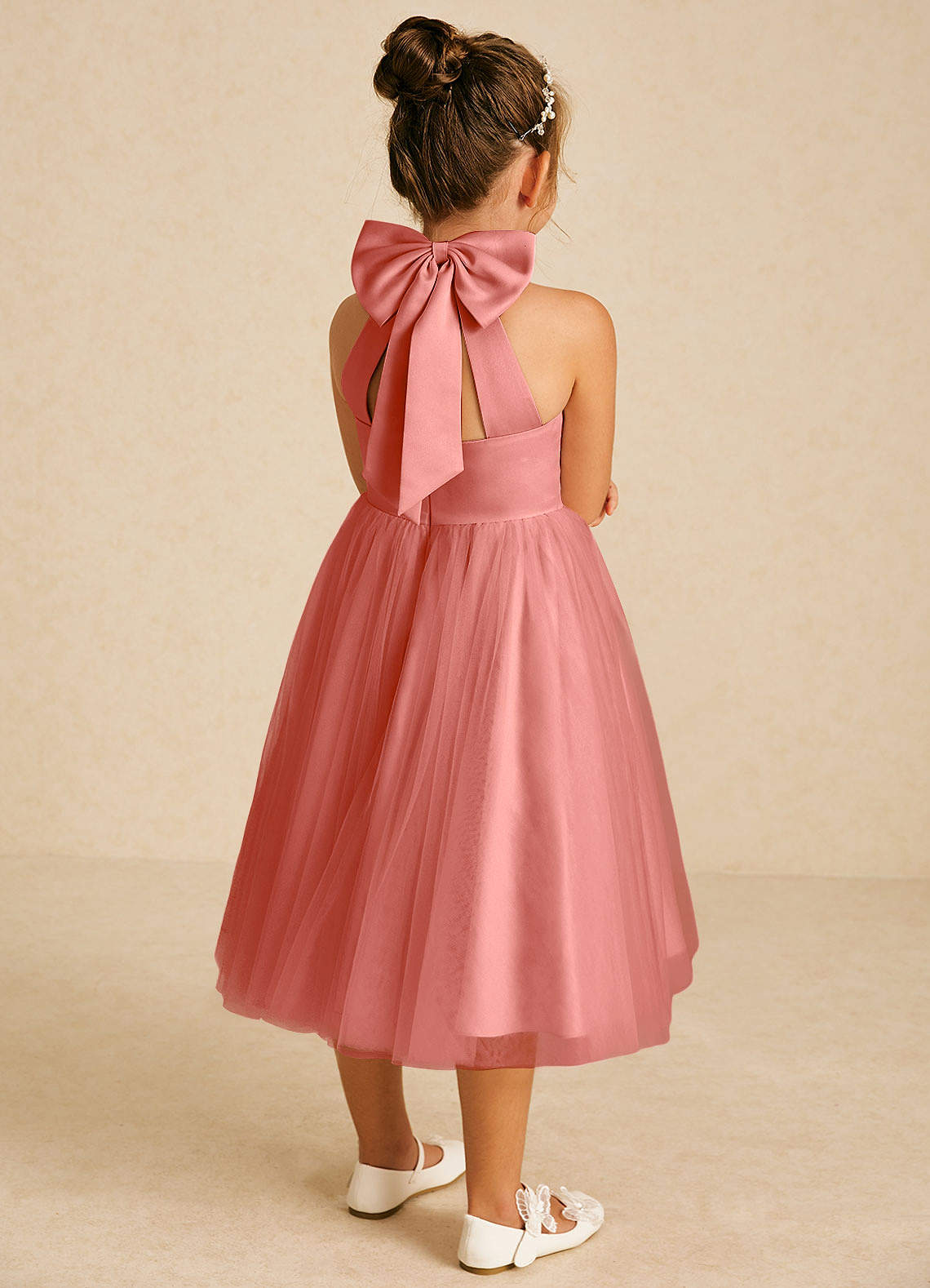 Azazie Dora Salmon Pink A-Line Bow Tulle Dress | Azazie CA