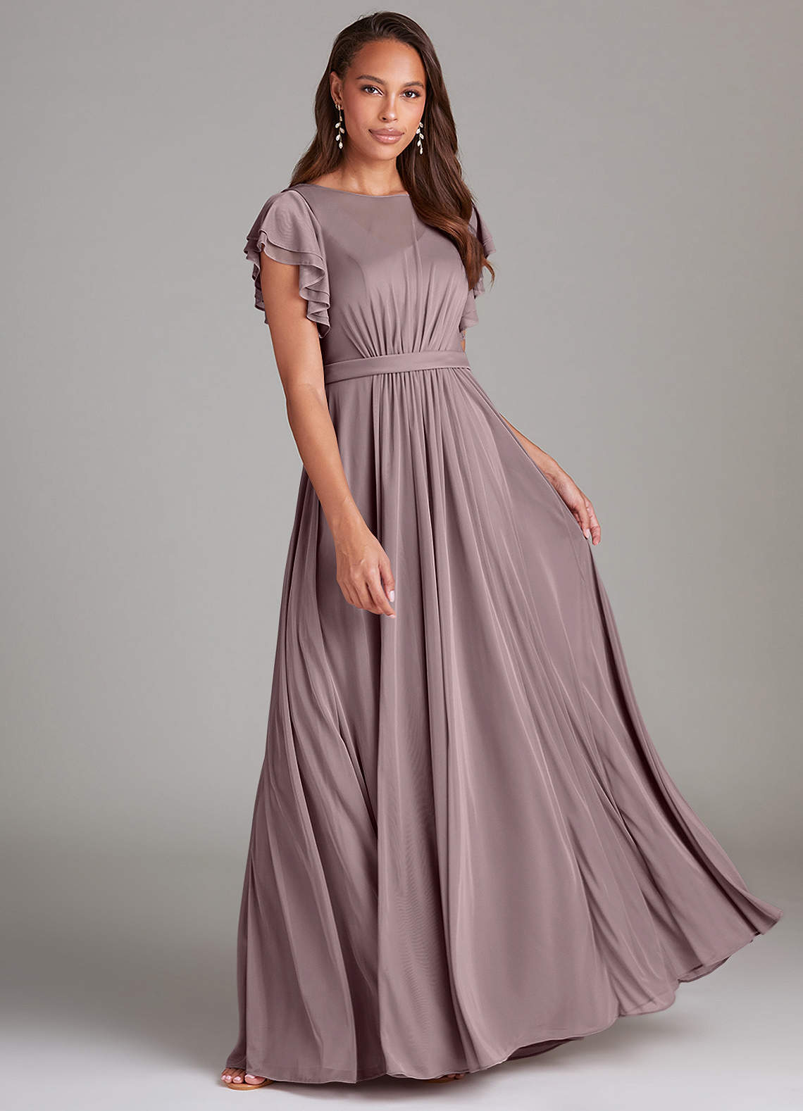 Azazie Daphne Modest Bridesmaid Dresses A-Line Ruched Mesh Floor-Length Dress image1