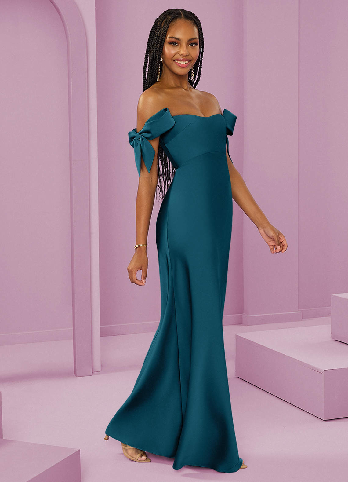 Barbie ♥ Azazie Bridesmaid Dresses Ink Blue Sheath Off the Shoulder Stretch Satin Convertible Dress image1