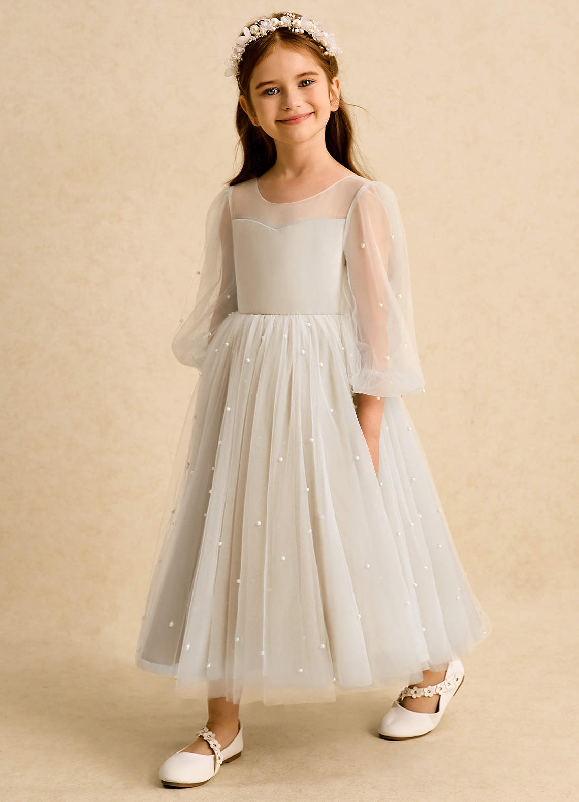 Azazie Trudy Flower Girl Dresses Champagne Ball-Gown Sweetheart Neckline Tulle Dress image3