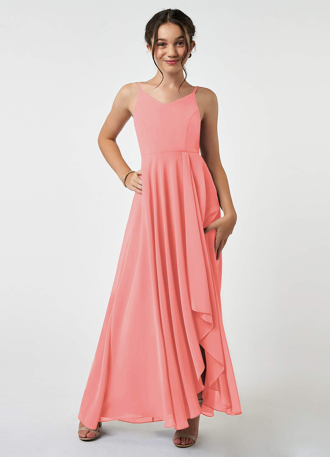 Azazie Collette Junior Coral A-Line Ruched Chiffon Dress image1