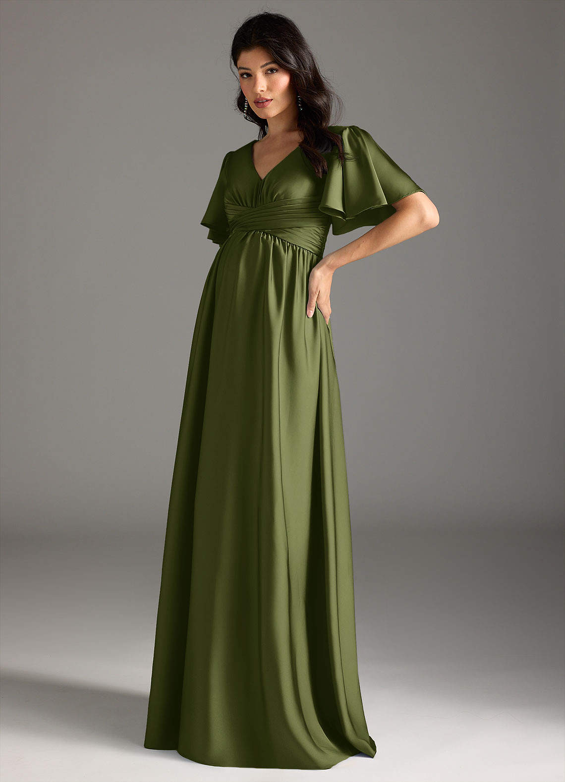 Azazie Verna vestidos de dama de honor de maternidad Vestido de Corte en A Volante Hasta el suelo Satén Elástico image3