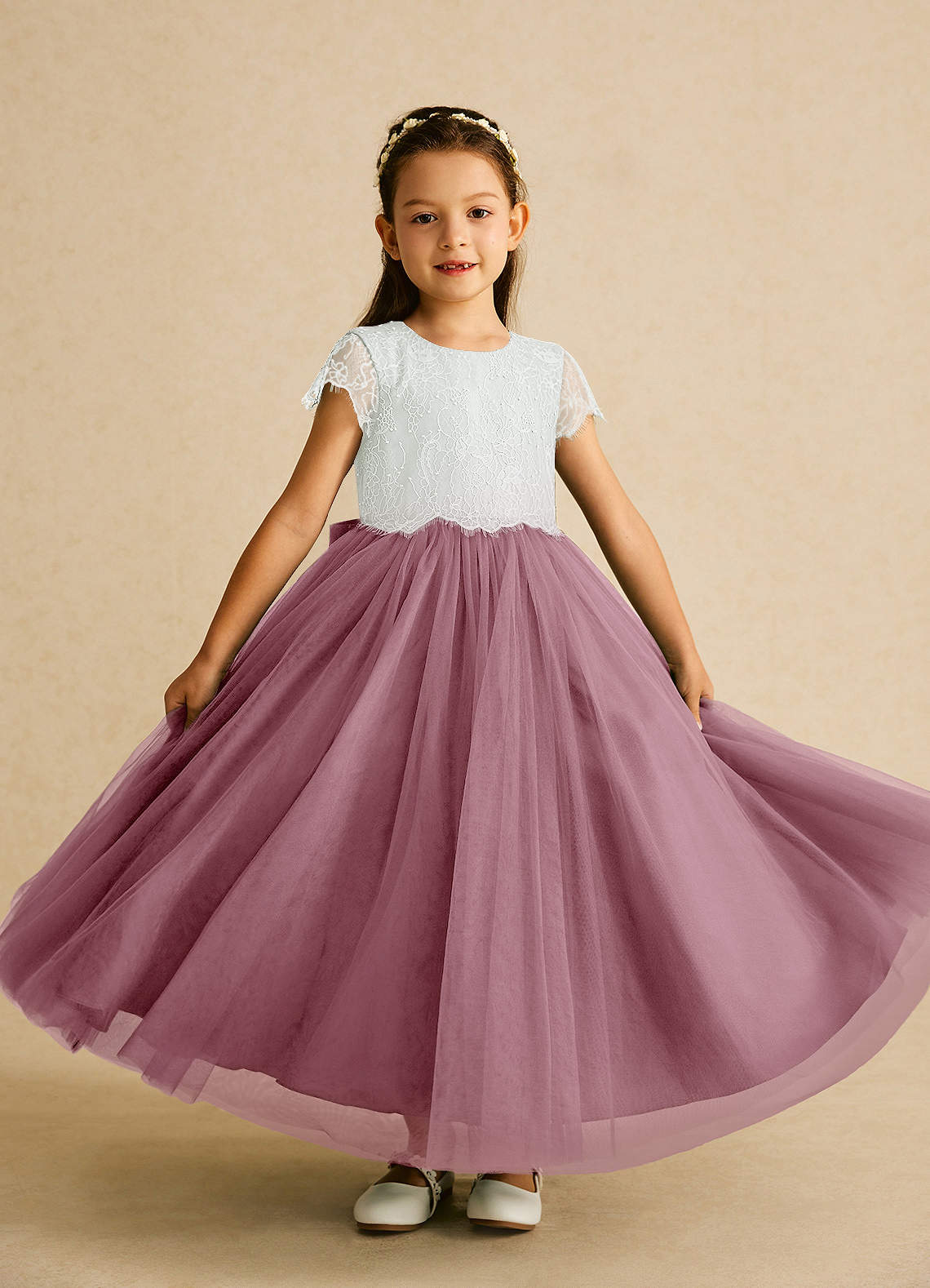 Azazie Bumblebee Flower Girl Dresses Ivory Vintage Mauve A-Line Lace Tulle Dress image1