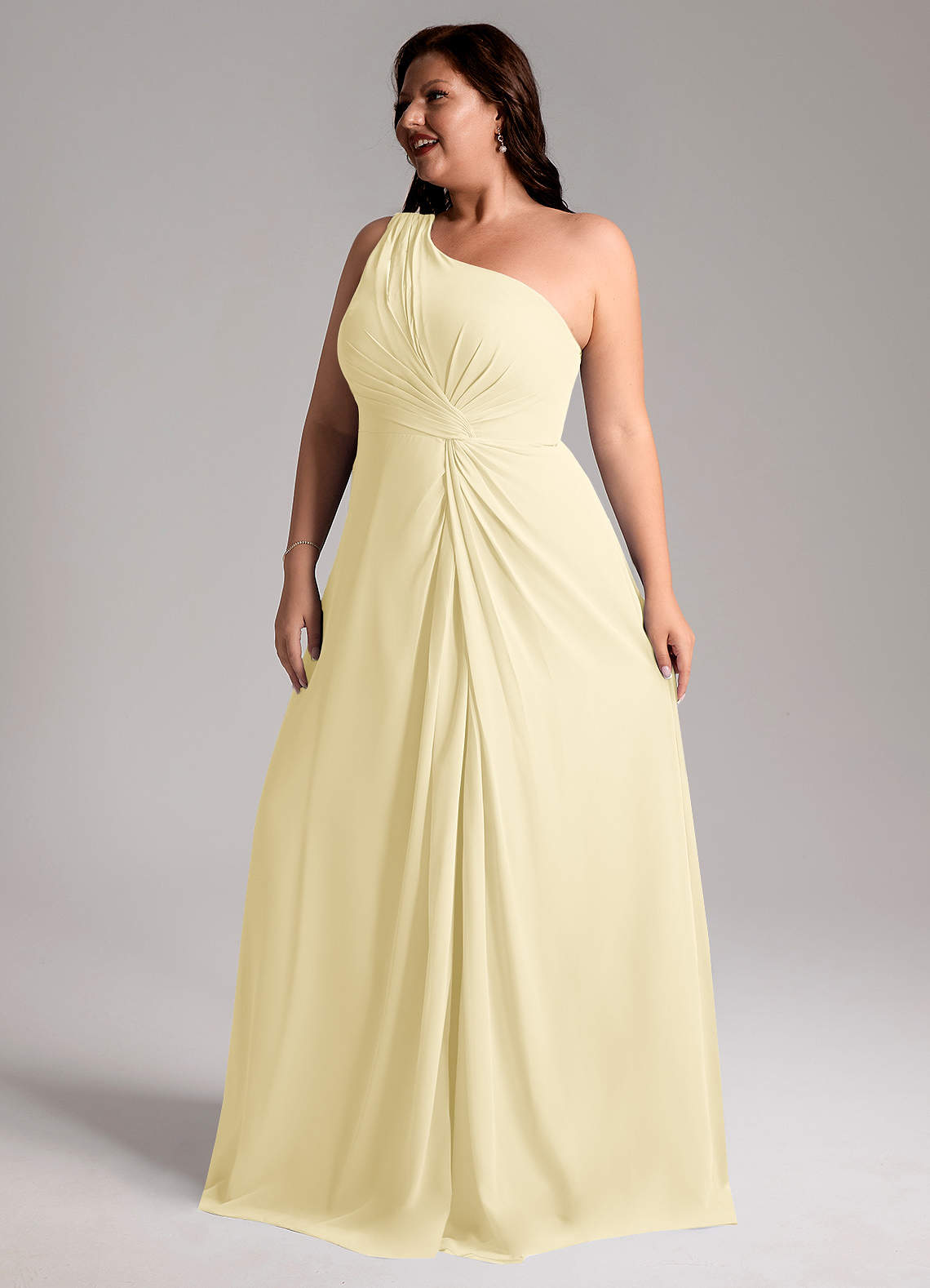 Azazie Brooke Bridesmaid Dresses Lemon Sorbet A-Line One Shoulder Chiffon Dress image11