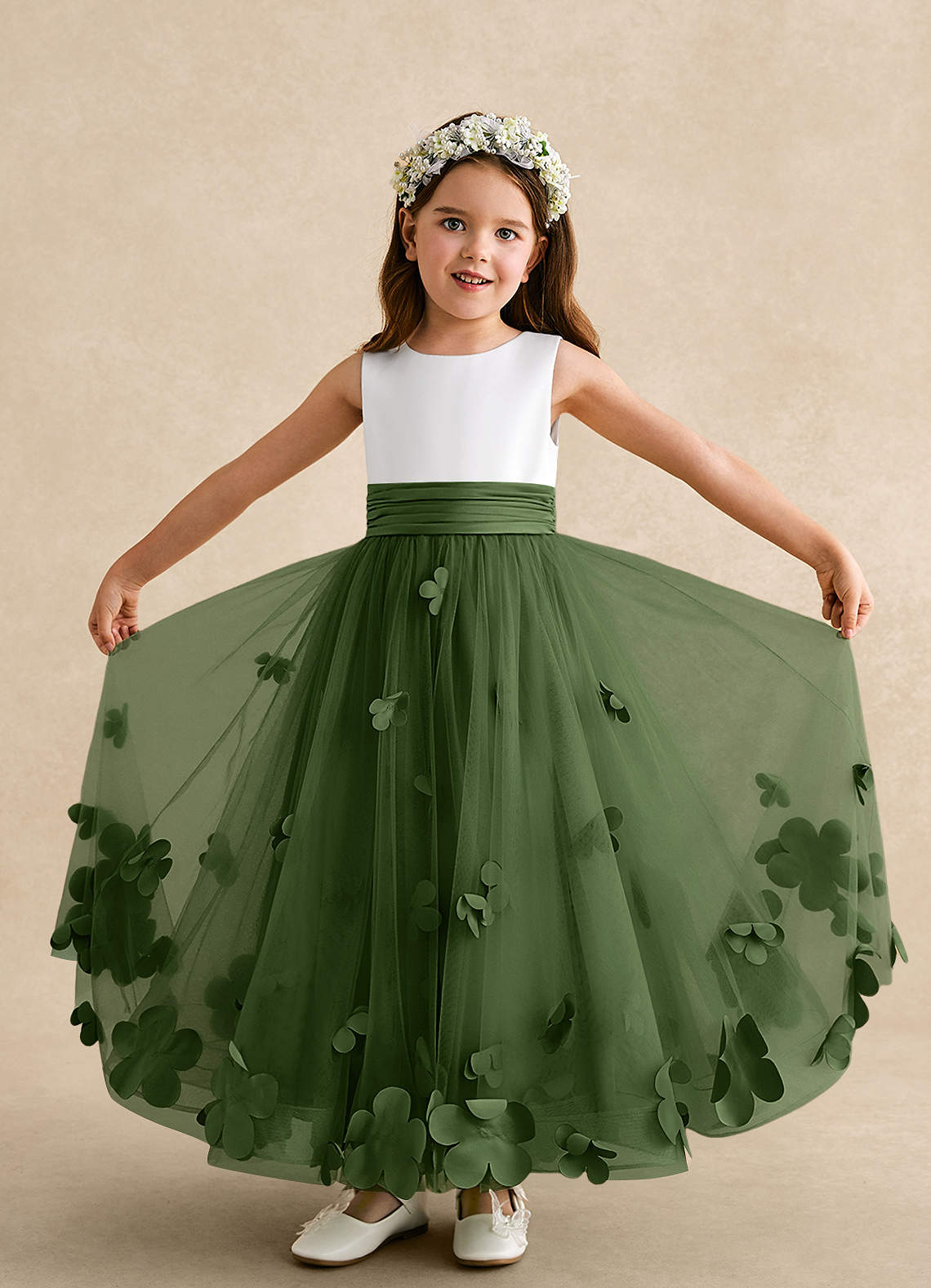 Azazie Vi Flower Girl Dresses Olive A-Line Sleeveless Tulle Dress image4