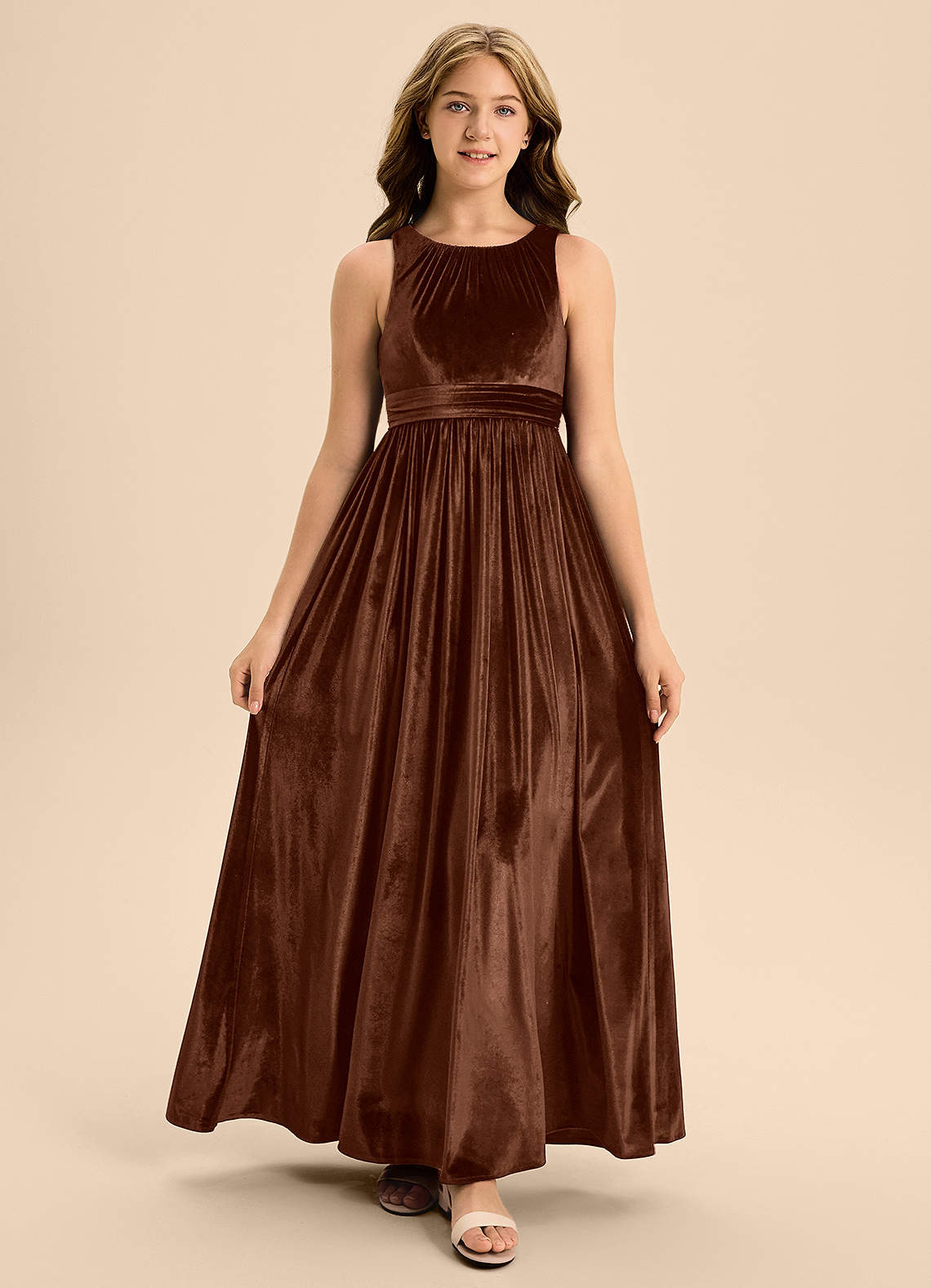 Azazie Jaylah Junior A-Linie Plissee Samt Kleid Umber image1