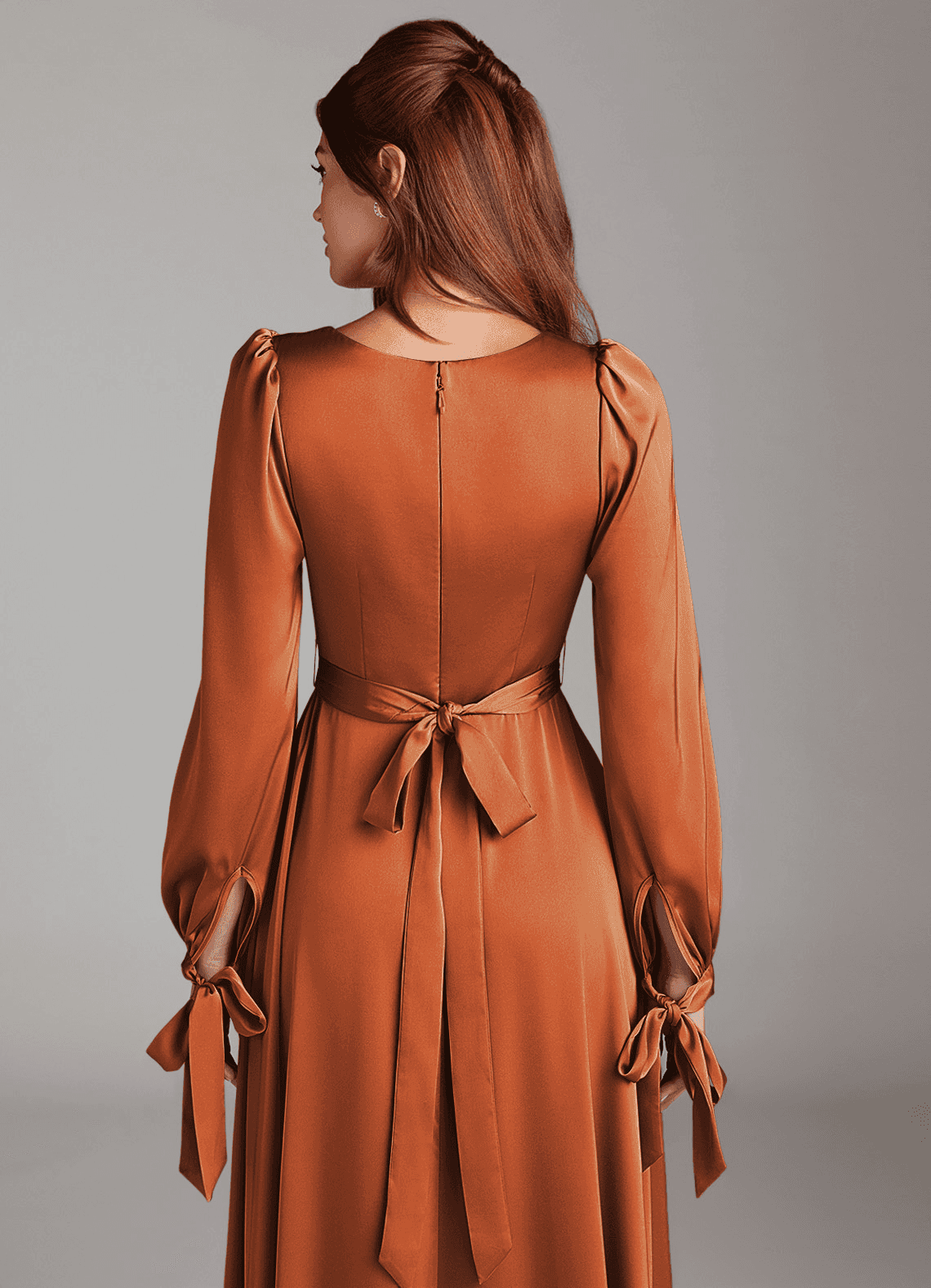 Azazie Leonia Bridesmaid Dresses Cinnamon A-Line Long Sleeve Stretch Satin Dress image5
