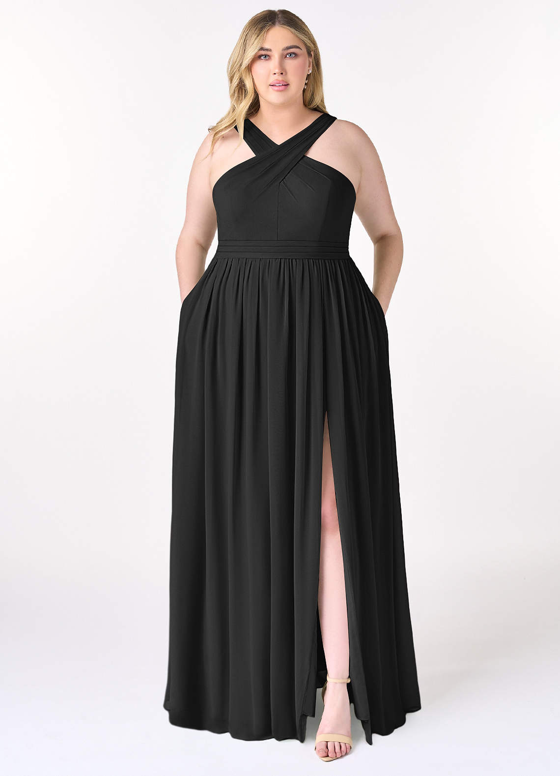 Azazie Elvira Bridesmaid Dresses Black A-Line Pleated Chiffon Dress image1