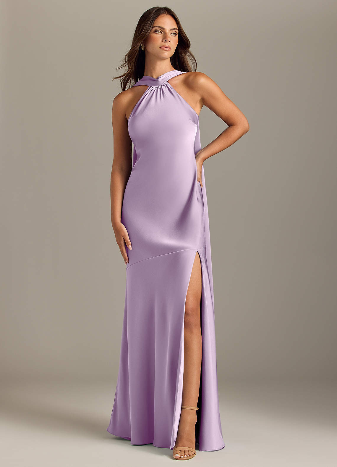 Azazie Kinsley Bridesmaid Dresses Frosted Lilac Mermaid Side Slit Stretch Satin Dress image1