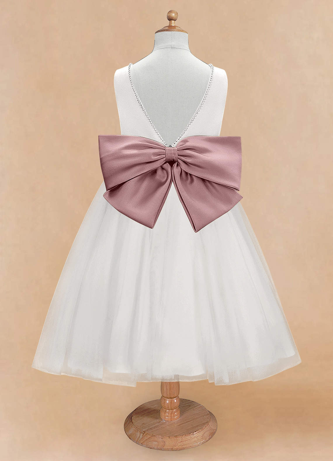 Azazie Seline Flower Girl Dresses Ivory Dusty Rose A-Line Bow Tulle Dress image6