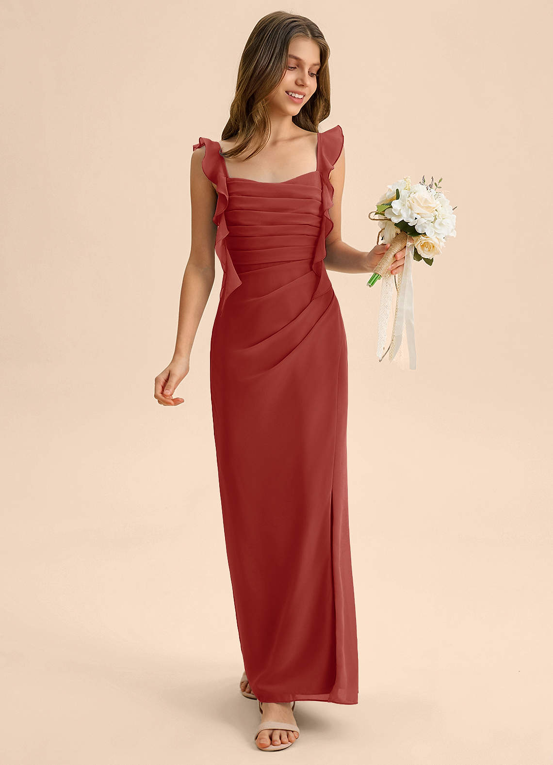 Azazie Jessamine Junior Terracotta Mermaid Sweetheart Neckline Chiffon Dress image2
