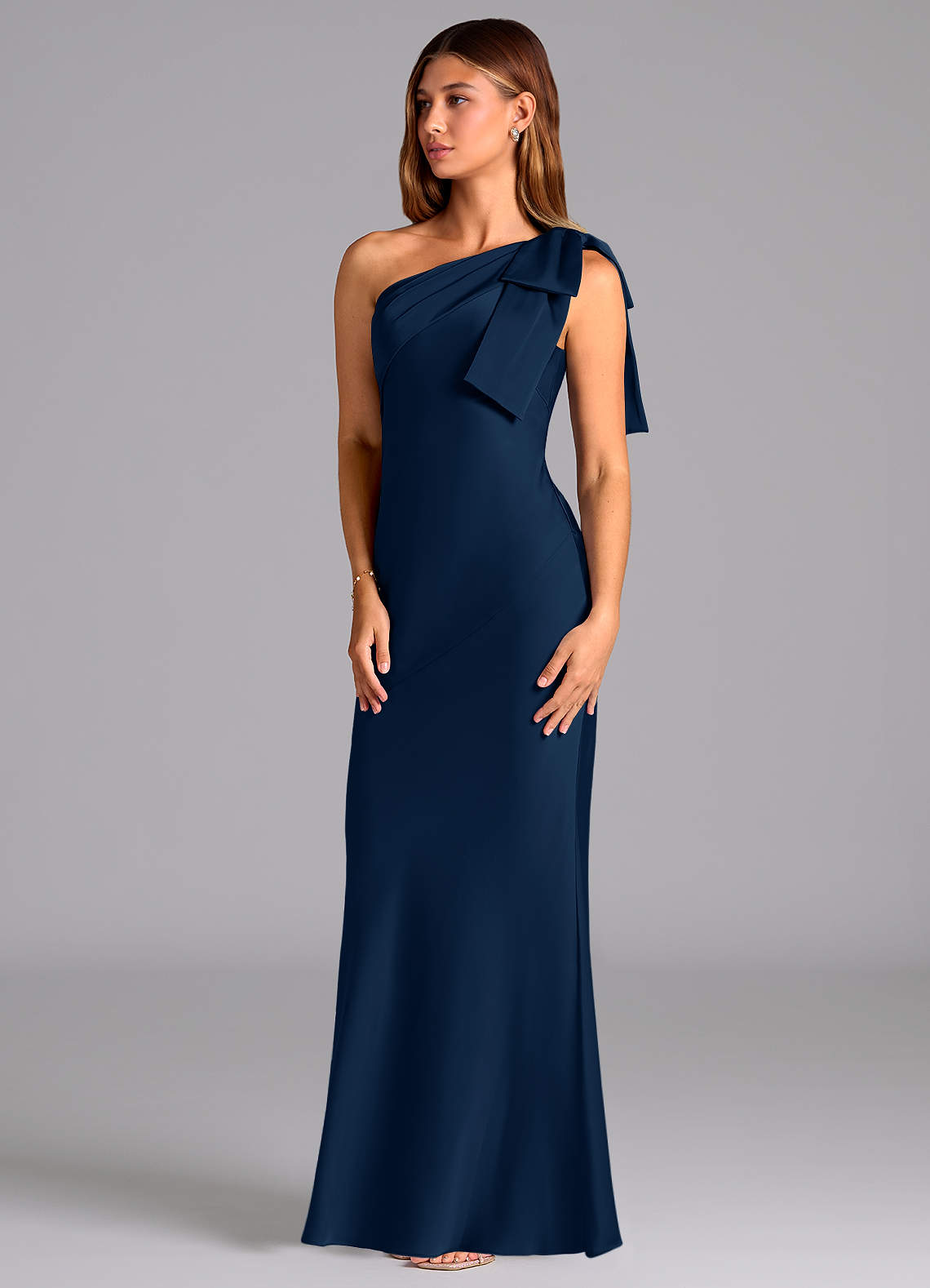 Azazie Yuanna Bridesmaid Dresses Dark Navy Mermaid One Shoulder Stretch Satin Dress image3