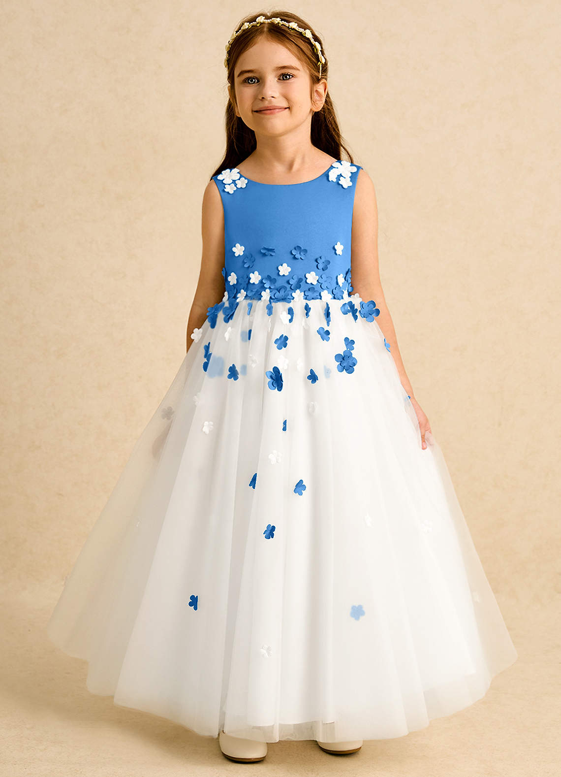 Azazie Eleni Blumenmädchenkleider Ballkleid Schleifen Tüll Kleid Elfenbein Blauhäher image1