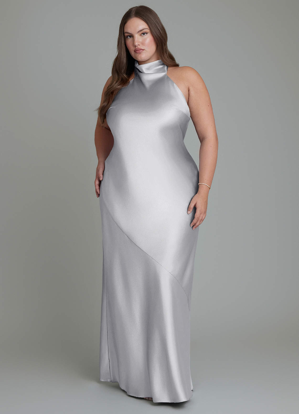 Azazie Velli Bridesmaid Dresses Silver Sheath High Neck Metallic Satin Dress image6