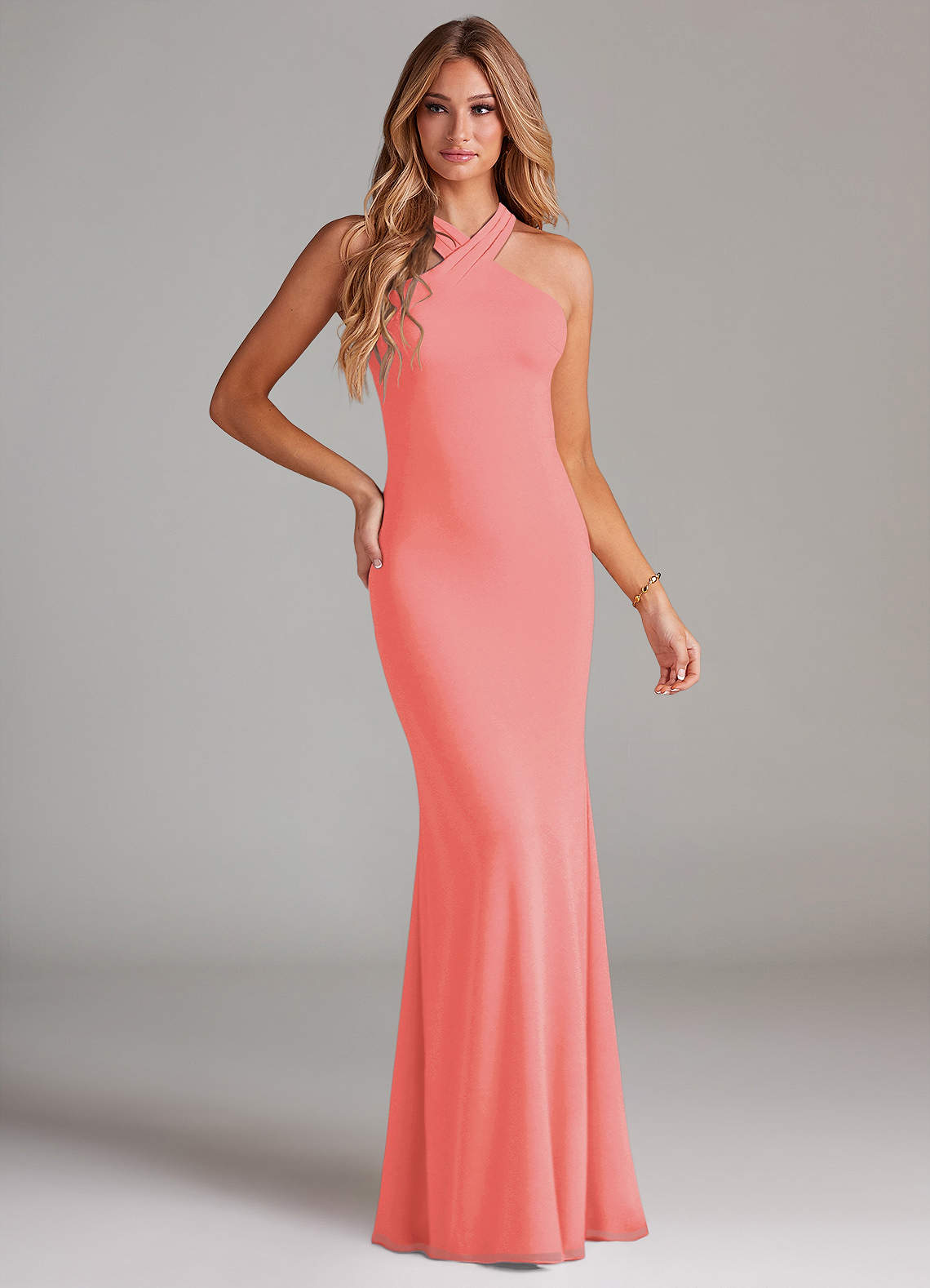 Azazie Doretta Bridesmaid Dresses Coral Mermaid Pleated Chiffon Dress image1