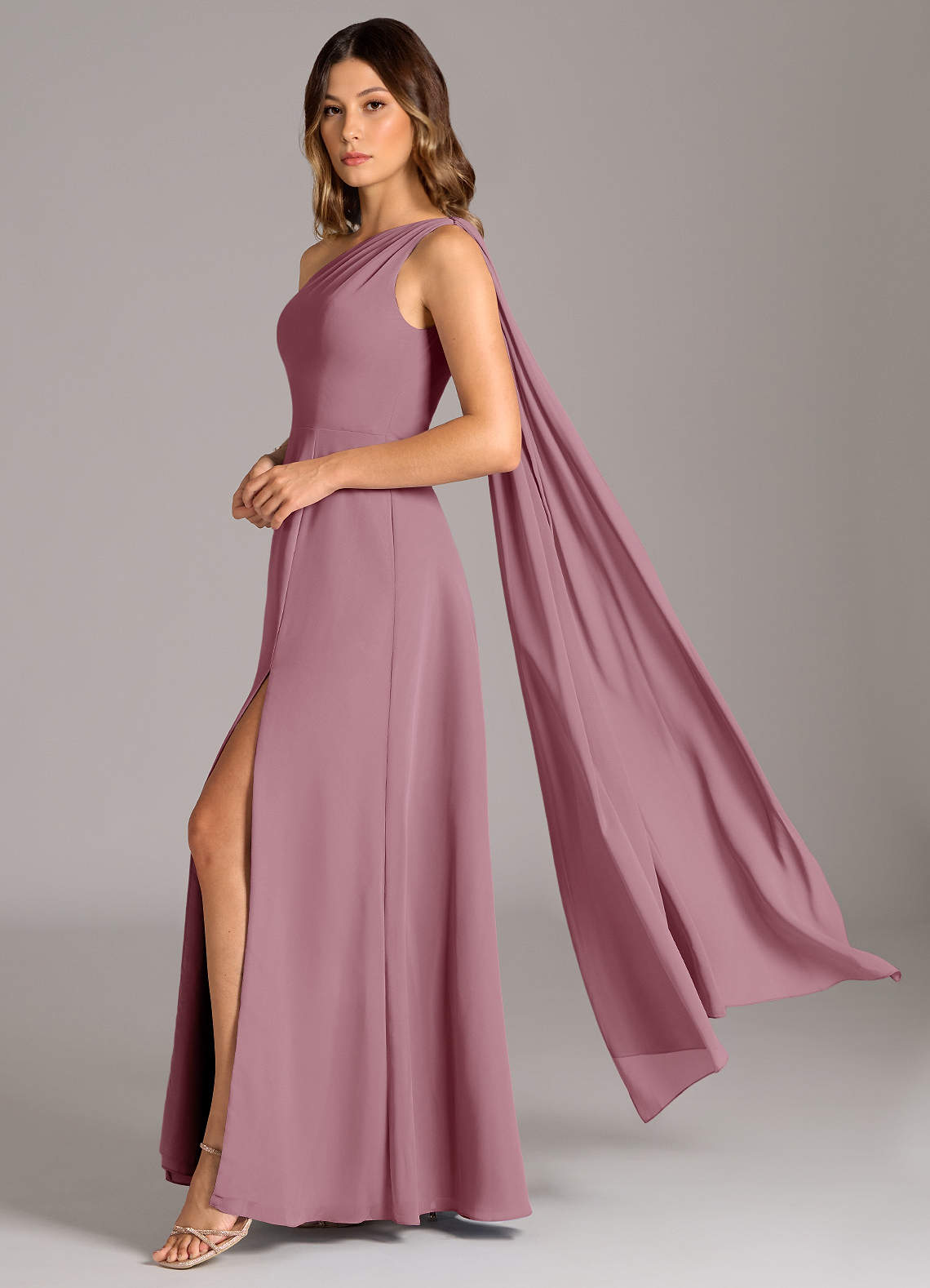 Azazie Tella Bridesmaid Dresses Vintage Mauve A-Line One Shoulder Chiffon Dress image1