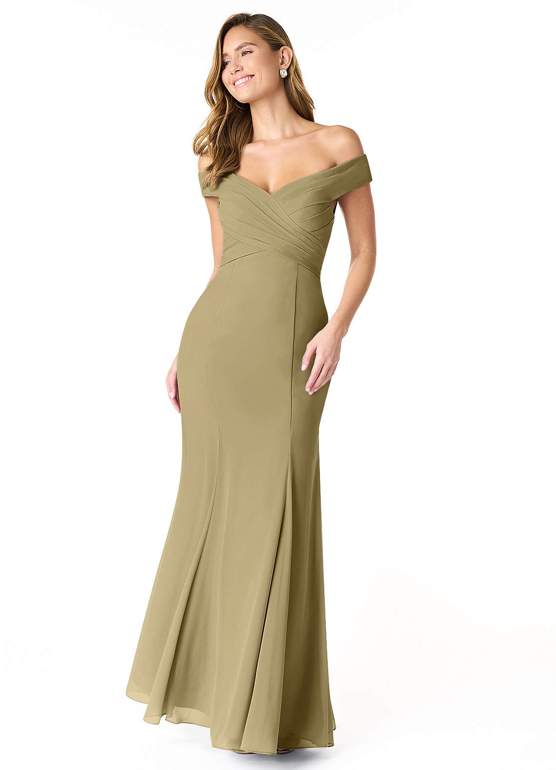 Azazie Lecia Abiti da Damigella Abito Convertibile Impero in Chiffon A pieghe con spalle scoperte Verde Muschio image1