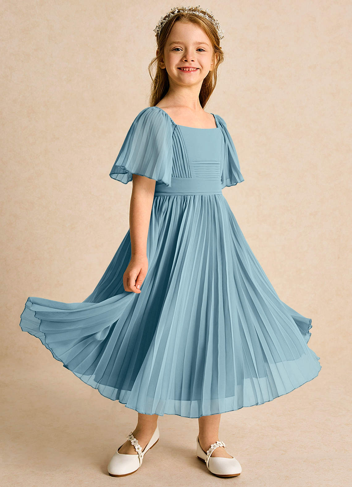 Azazie Gisele Abiti da Ragazza di Fiori Abito A-Line in Chiffon Plissettato Blu Lunatico image1
