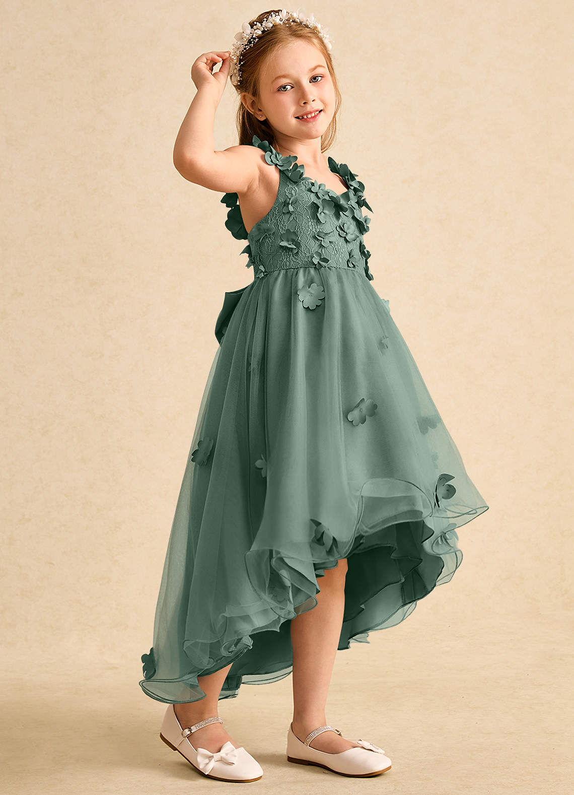 Azazie Tweety Flower Girl Dresses Eucalyptus A-Line Lace Tulle Dress image1