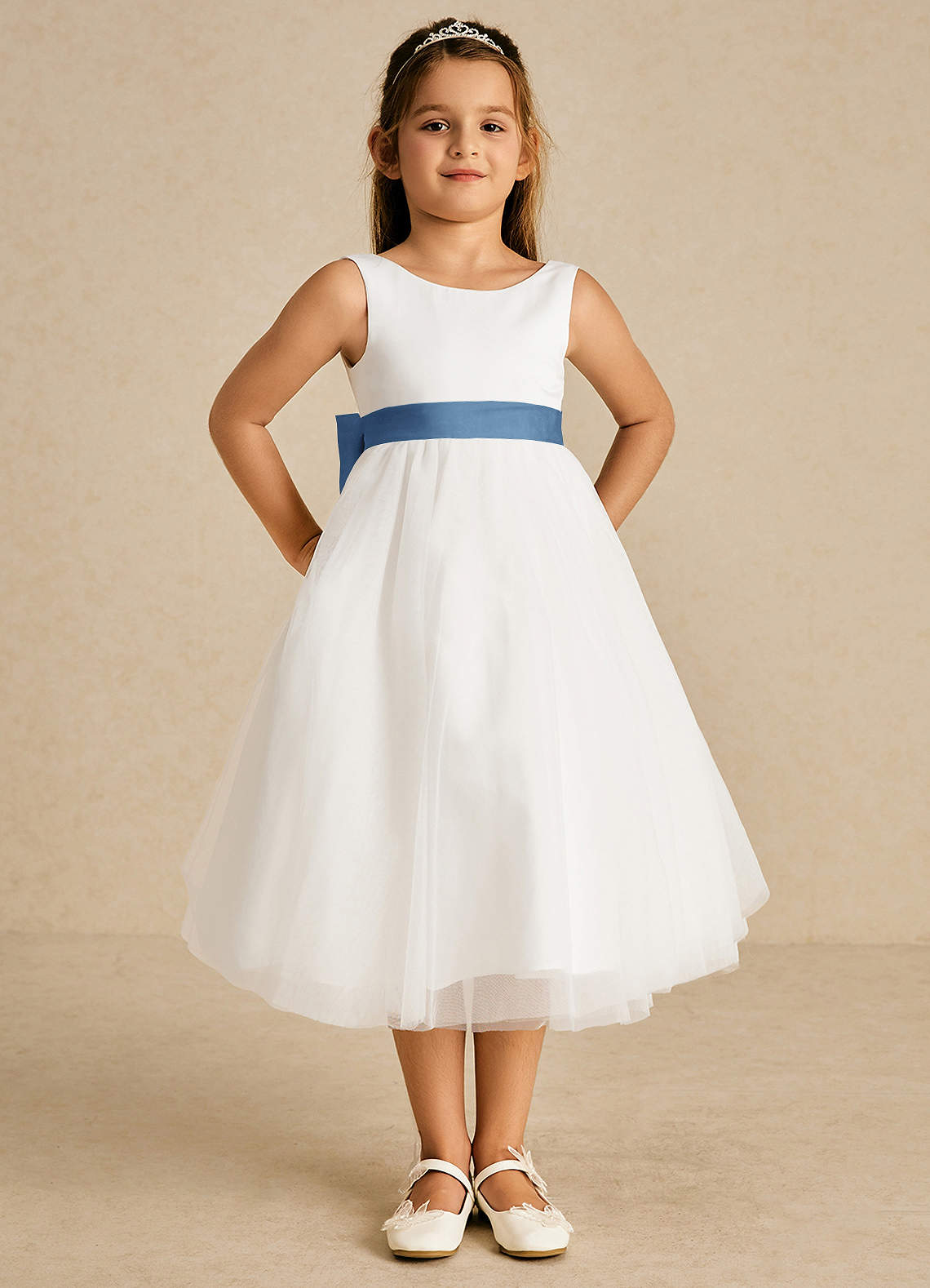 Azazie Kavi Flower Girl Dresses Ivory Steel Blue A-Line Bow Matte Satin Dress image1