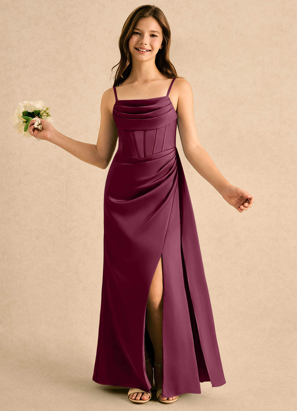 mulberry formal dresses Azazie A-Line/Princess Cowl Neck Floor-Length Stretch Satin Girl Sale Wedding Guest