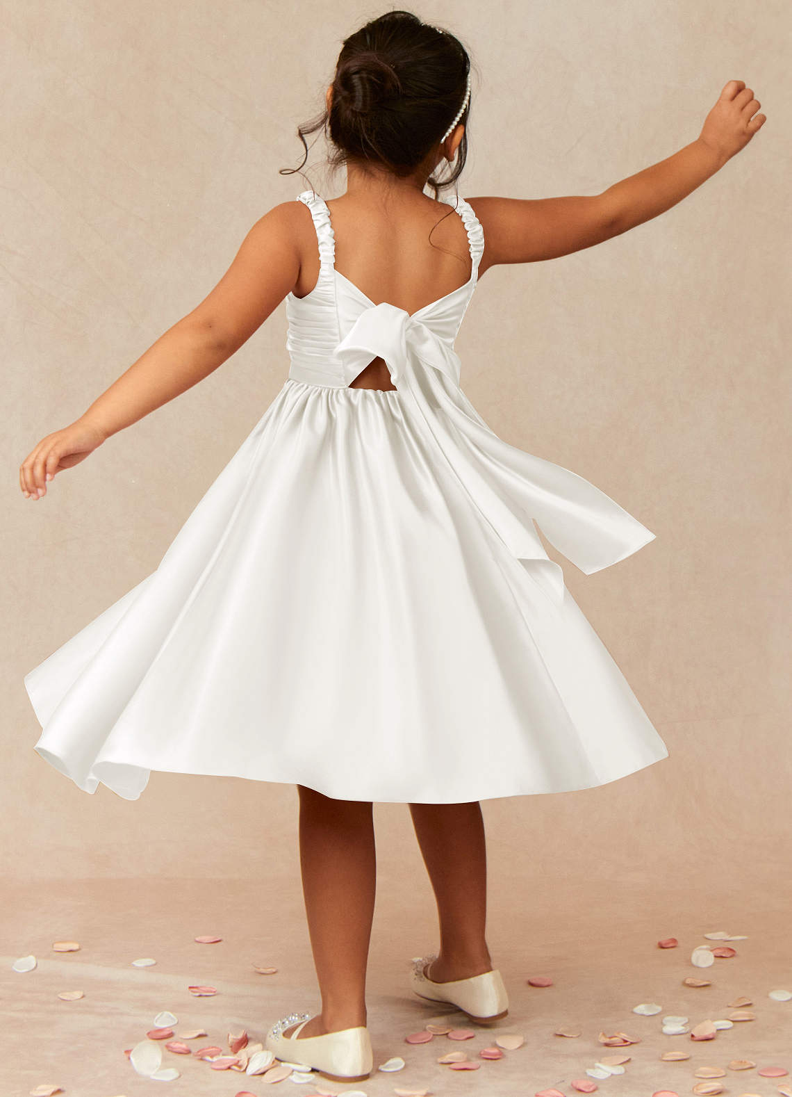 Azazie Cutie Pie Flower Girl Dresses Ivory A-Line Pleated Matte Satin Dress image1